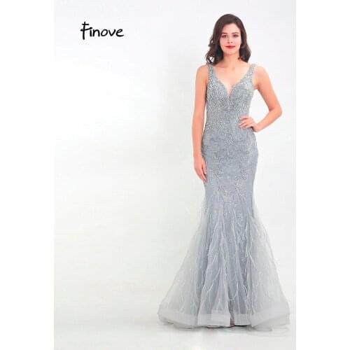 Finove 2020 Evening Dresses New Design Tulle With Beading Feathers Sexy V Neck Long Floor Length Party Mermaid Dress For Women
