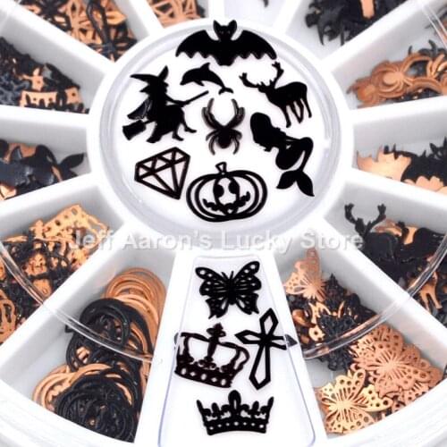 12 Shapes 3D Metal Halloween Nail Art Decoration Slice Black Nail Stickers Decal Foil Wheel New Arrival