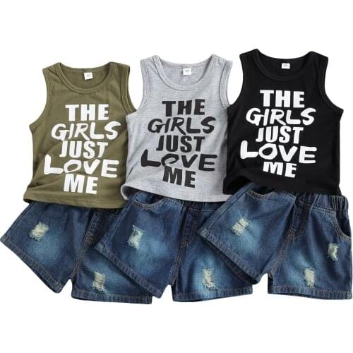 2021 Infant Kids Baby Boys Clothes Set, Letter Print Sleeveless O-neck T-shirt + Elastic Waist Ripped Short Jeans 1-6T