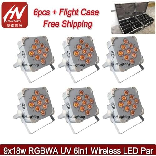 6pcs with case high power Wireless dmx battery powered led par,9X18W 6in1 RGBAW+UV led flat par can