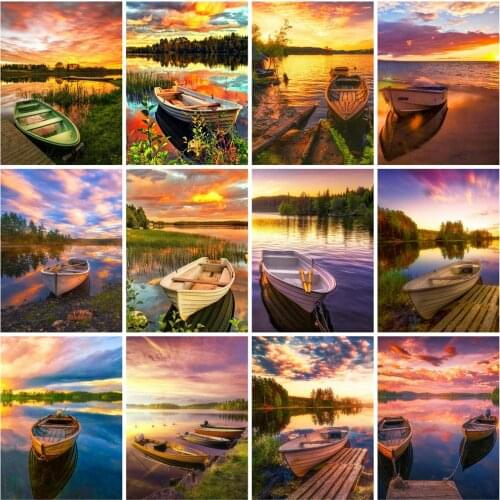 Huacan Diamond Mosaic 5D Boat Seaside DIY Diamond Painting Embroidery Kit Sunset Landscape Creative Hobbies Home Decoration