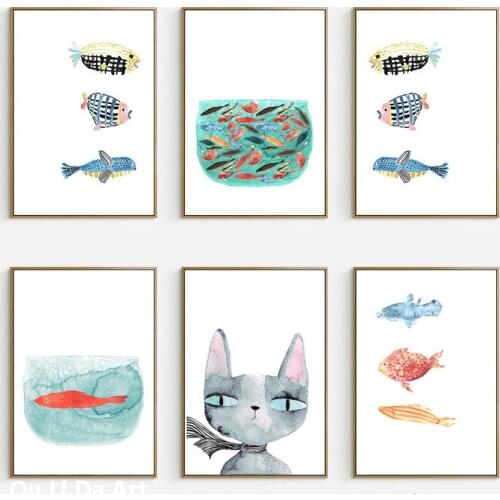 No frame cartoon clear cute cat fish life canvas printings oil painting printed on canvas home wall art decoration picture