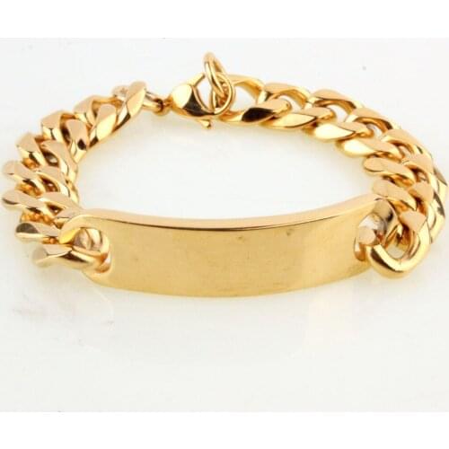 High Quality Jewelry Mens Gold Stainless Steel 15mm Wide Curb Chain ID Bracelet 15mm9"