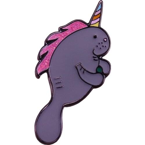Party manatee brooch cute glitter unicorn pins pastel art badge sea animal jewelry funny kids girls gift