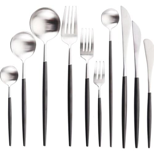 Black Silver Travel Cutlery Stainless Steel Dissert Forks Butter Knives Dinner Coffee Tea Spoons Chopsticks Dinnerware Kitchen