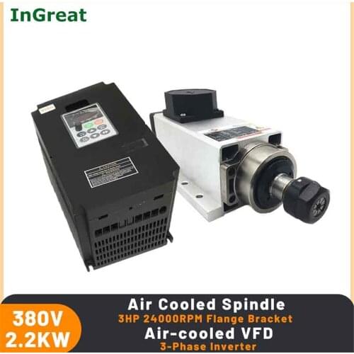 380V 2.2KW 3hp 24000RPM Spindle Motor Air Cooled Flange Bracket &3PH VFD Inverter & ER20 Collet for CNC Router Engraving Machine
