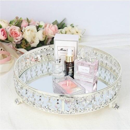 European Mirror Metal Tray Cake Stand Crystal Fruit Plate Cosmetic Jewelry Box Sundries Storage Tray Dessert Table Decoration WY