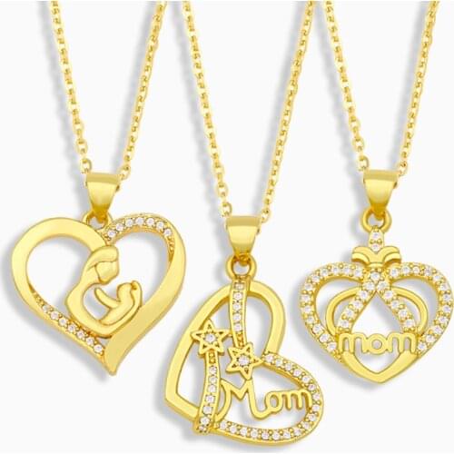 FLOLA White Stone Heart Mom MaMa Necklace For Women Gold Plated Pendant Necklace CZ Wholesale Jewelry Mothers Day Gifts nkeu85
