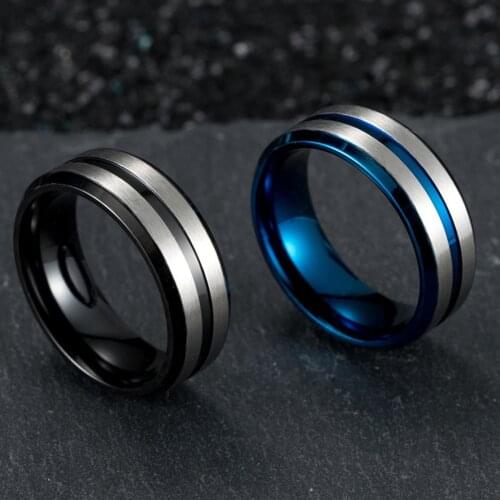 Classic Mens 8mm Stainless Steel Ring One Tone Matte Finish Brushed Center Wedding Band Beveled Blue And Black Rings