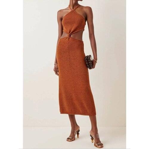 KLEEZY Summer Sexy Knitted Halter Hollow Out Maxi Vestidos Elegante Dress Moda Vestido Longo Nightclub Party Women Clothing 8415