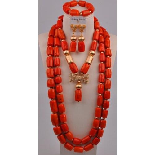 Red/White/Orange Nigerian Wedding African Coral Beads Jewelry Set Women Bridal Jewelry Sets 02-04-F1