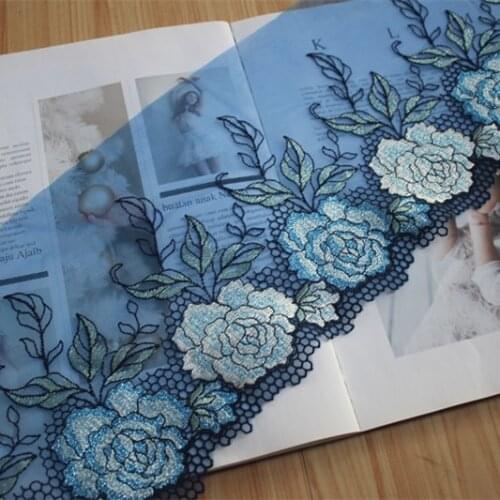 18cm 7.08inch Wide -2yards/Lot Blue Embroidered Floral Tulle Lace Trim,Mesh Embroidery Lace Trim