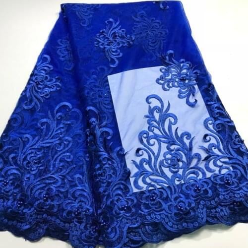 Royal Blue Latest Nigerian Laces Fabrics High Quality African Laces Fabric For Wedding Dress French Tulle Lace With Beads M2850