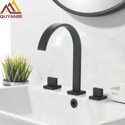 Quyanre Matte Black Basin Faucet Hot and Cold Water Faucet Three Holes Two Handles Mixer Tap Deck Mount Bathroom Basin Sink Tap