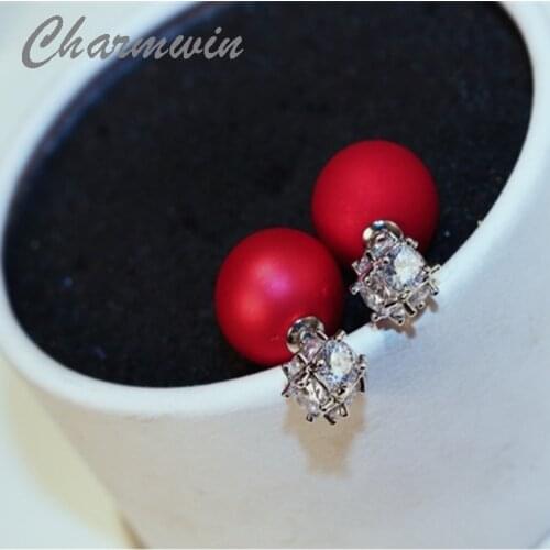Charmwin Fashion Design Double Zircon Crystal Earrings Sided Matte Geometric Imitation Pearl Stud Earrings For Women ER0062