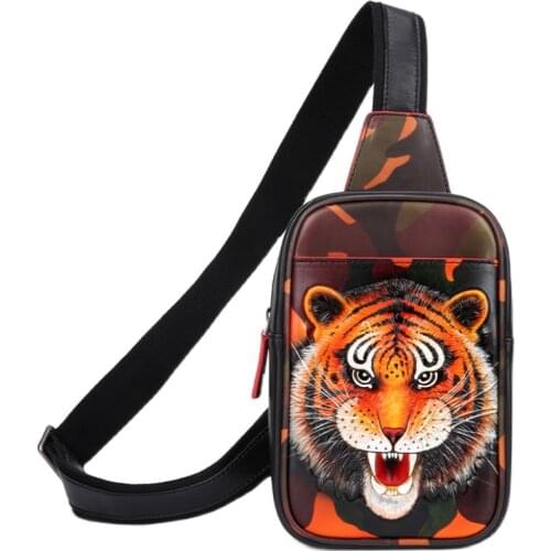 Men Genuine Leather Shoulder Bags Cowhide Hand-carved Chest Bags 2020 New Tiger Head Multipurpose Hand Bag