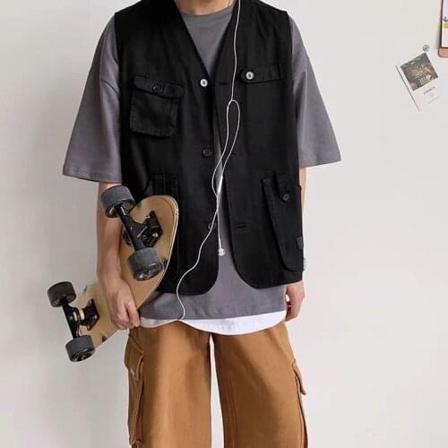 BANNAJI Men`s Cargo Vest Japanese Style Waistcoat Multi Pockets Fashion Vintage Streetwear Sleeveless Jacket and Coat For Male