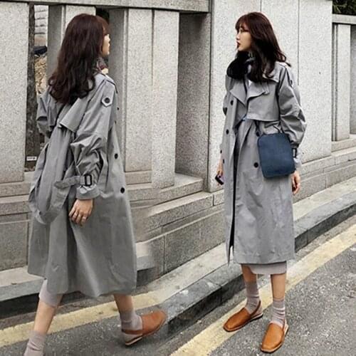 Autumn Trench Coat Gray Womens Cotton Mid-length Lapel Fashion Street Windbreaker Autumn Loose Badges Pocket Lace Overcoat Z759