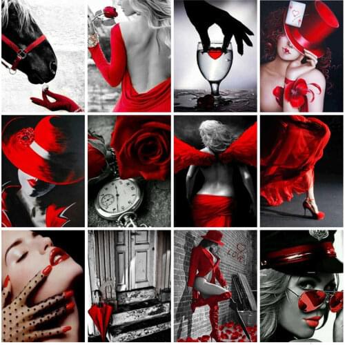 AZQSD 5d Diy Full Square Diamond Embroidery Red Black Series Diamond Painting Scenic Rhinestone Mosaic Decor