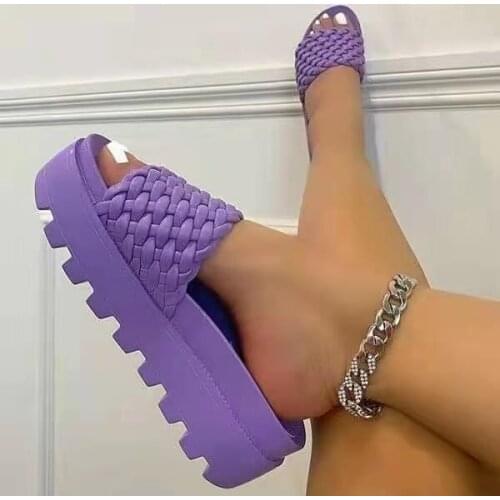 Womens Wedges Sandals Slippers 2021 Summer New Fashion Thick-soled Flat Female Woven Platform Gear Shoes Open Toed Flip Flops