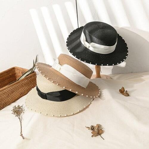 Summer women floppy large brim sun hat Outdoor travel holiday beach sunshade protection caps Ribbon pearl Panama gorros