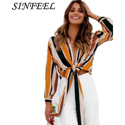 SINFEEL 2018 Women Ladies Clothing Crop Tops Long Sleeve Striped Print Fashion Shirts Casual Loose Bandage Chiffon Blouse Tops