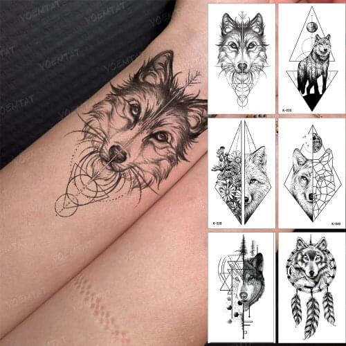 Waterproof Temporary Tattoo Sticker Realistic Wolf Moon Linear Geometric Body Art Tatoo Black Fake Tatto Man Woman Child Tattoos
