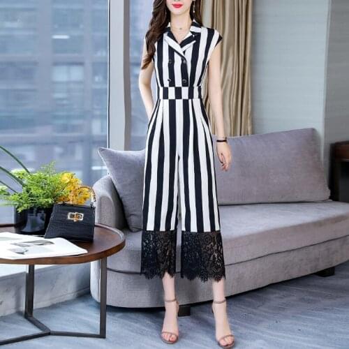 Rompers Women Jumpsuit Sleeveless Striped Playsuit Casual Straight Wide Leg Lace Jumpsuit Womens Bodysuit Loose Rompers