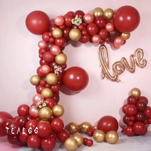 144Pcs Pomegranate Red Balloon Happy Birthday Decoration Metallic Gold Balloon Love Foil Globo Wedding Party Decoration Backdrop