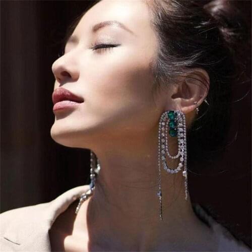 2021 Vintage Green Crystal Chain Tassel Drop Earrings Jewelry For Women Luxury Rhinestone Long Dangel Earrings Accessories