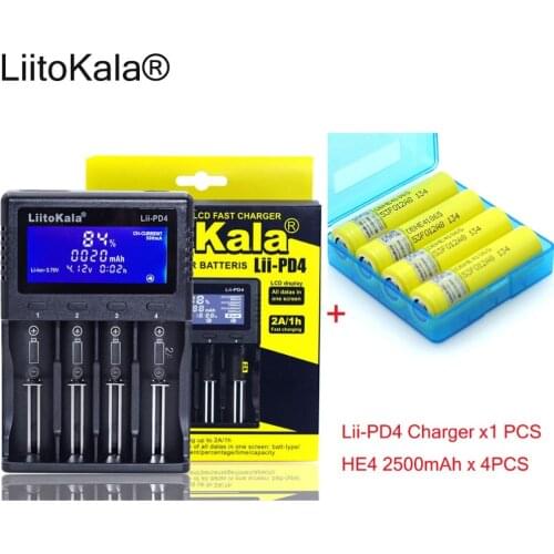 4pcs 3.6V 18650 HE4 2500mAh Rechargeable battery+1pcs New LiitoKala lii-PD4 LCD 3.7V 18650 21700 battery Charger