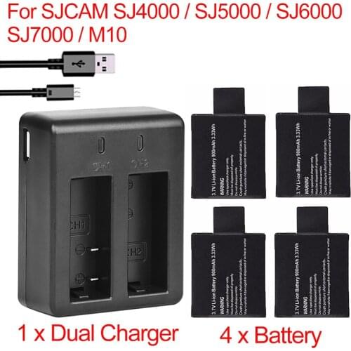 4Pcs 900mAh SJ4000 Camera battery +1 x Dual Charger For SJCAM SJ4000 SJ5000 SJ6000 SJ7000 SJ8000 M10 BATTERY