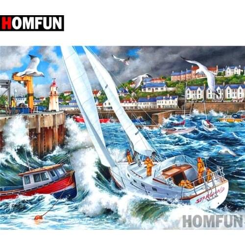 HOMFUN Full Square/Round Drill 5D DIY Diamond Painting "Boat sea house" 3D Diamond Embroidery Cross Stitch Home Decor A19616