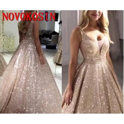 Sparkly Gold Rose Prom Dresses V Neck Sequined Backless Evening Gowns Shiny Party Dress Special Occasion robes de soiree