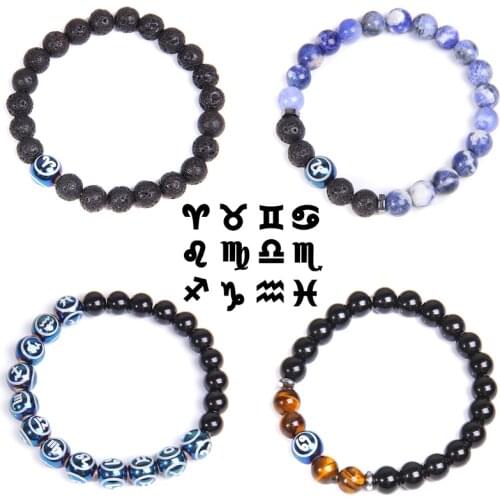12 Constellation Zodiac Natural Stone Bracelets Blue Black Lava Tiger Eye Sodalite Beads Meditation Bracelet Aries Leo Jewelry