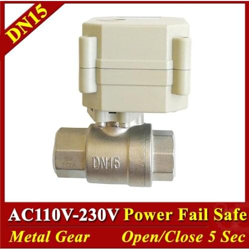 BSP/NPT 1/2" SS304 DN15 Power Fail Close/Open Motorized Ball Valves AC/DC9-24V AC110V-220V 2/5 Wires Spring Return Valve