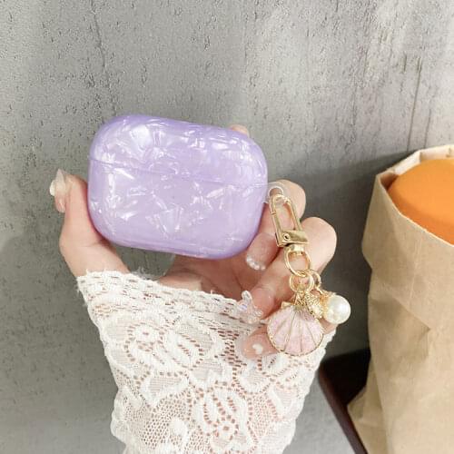 Luxury Girls Purple Glossy Shell TPU Soft Earphone Case For Apple airpods 1 2 Pro 3 Headset Box with Cute Pearl Star Keychain