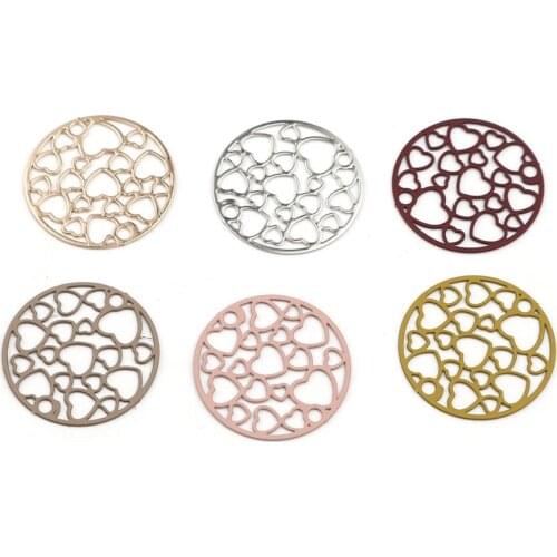 DoreenBeads Fashion Copper Filigree Stamping Connectors Round Colorful Hollow Heart Pattern Charms DIY Findings 20mm Dia., 10PCs