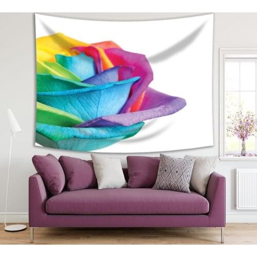 Tapestry Rainbow Rose Flower on White Background Nature Blooms Colorful Artwork Purple Blue Yellow