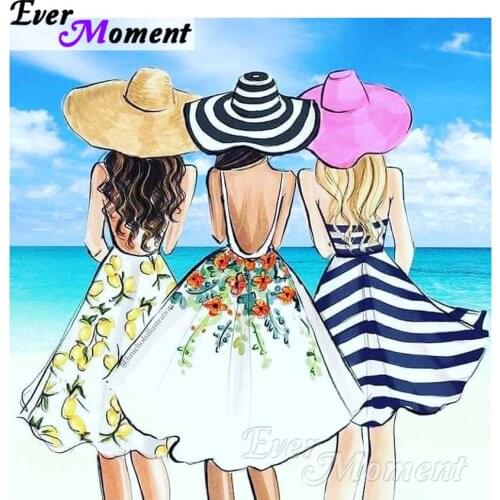Ever Moment Diamond Painting Cross Stitch Girl Background Seaside Mosaic Full Square Drills Rhinestone Home Decoration ASF1166