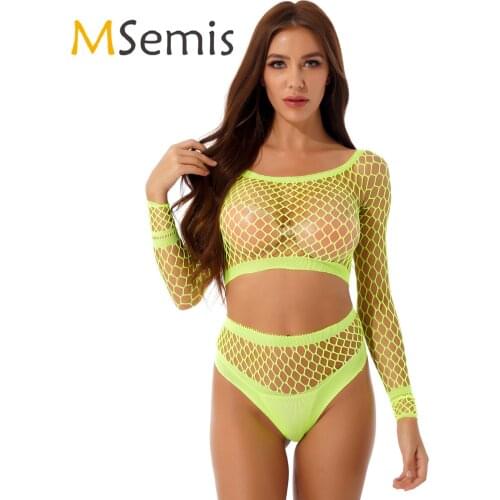 Womens See-through Fishnet Lingerie Set Nightwear Off Shoulder Long Sleeve Crop Top with Briefs Hollow Out Outfits Underwear