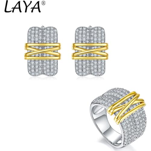 925 Sterling Silver Fashion Retro Light Gold Multi-Line High Quality Zirconia Earrings Ring Set For Womens Party Jewelry