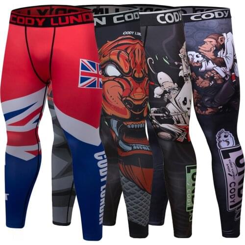 Gym Fitness Men Leggings Fashion Print Mid Waist Elastic Push Up Ankle Length Polyester Leggings Mens Compression Jogging Pants