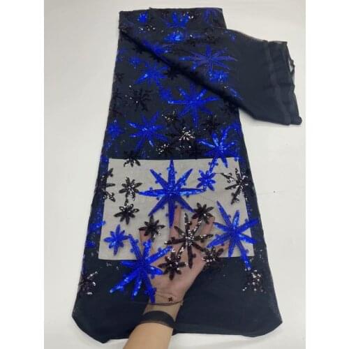 Lovely Young Lady Party Dress Material Black and Royal Blue Snow Sequins Shinning Tulle Lace Fabric 2021 Fashion Turlte T154