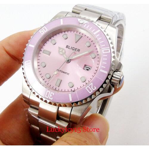 Self Winding Male WWatch Wristwatch 40mm Silver Color Watch Case Sapphire Glass PInk Dial Date Window MIYOTA Movement