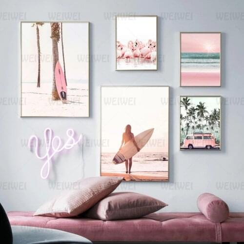 Pink Beach Flamingo Palm Tree Surfboard Wall Art Canvas Painting Nordic Posters and Prints Wall Pictures for Living Room Decor