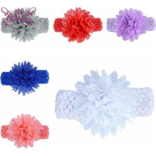 Nishine 9 CM Newborn Chiffon Flower Headband Solid Color Handmade Knitted Elastic Hair Bands Toddler Headwear Clothing Ornaments