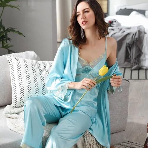 2020 Latest Ice Silk Sexy Lace Pajama Sets Female Three-Piece Summer Thin Sling Long Pants Home Wear Woman X6633