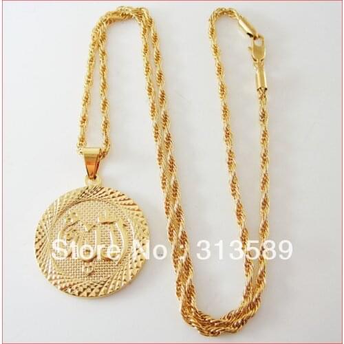 Order 10$ is free shipping/ YELLOW GOLD OVERLAY 24" ROPE NECKLACE & MUSLIM ALLAH GOD ROUND PENDANT/Great Money Maker