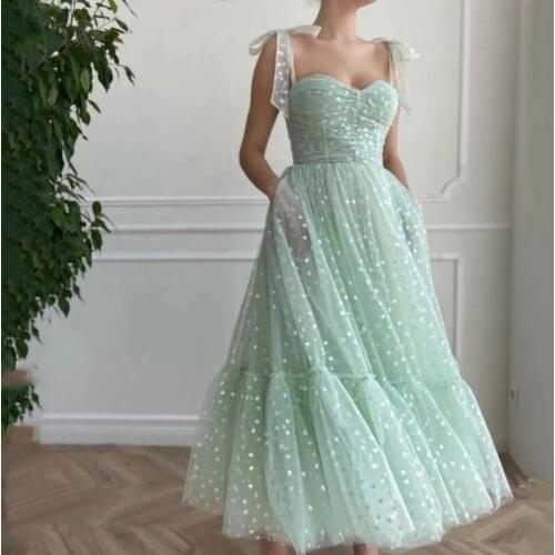 Mint Green Prom Dresses A-line Spaghetti Straps Tulle Tea Length Dubai Saudi Arabic Short Prom Gown Evening Dresses